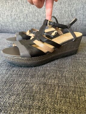 Tahari Leather Strappy Black and Tan Wedge Sandal with Adjustable Ankle Strap